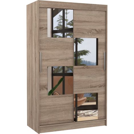Petite armoire de chambre 2 portes coulissantes bois truffe et 4 miroirs Luko 120cm (1/5)