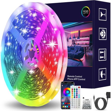 Bande LED RGB intelligente de 10 mètres, avec application, télécommande et adaptateur secteur
