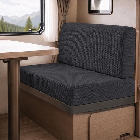 Housse Banquette Camping Car, Lot de 2 Housse Coussin Caravane et Dossier Extensible Jacquard, Protections de Dînette avec Sangles à Nouer pour Dinette et Banquette Intérieure, Noir (1/5)