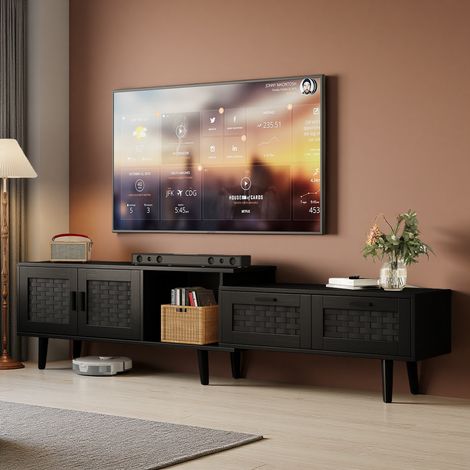 Meuble TV bois 146-180 cm – 2 portes et 2 tiroirs – Couleur noir – Pour téléviseurs jusqu'à 75 pouces – Montage facile (1/5)