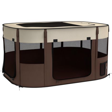 Parc pliable pour animaux de compagnie parc pour chiots en tissu Oxford avec fenêtres et portes sac de rangement marron