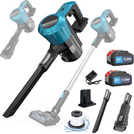 Aspirapolvere verticale, aspirapolvere senza fili 3 in 1 con potente aspirazione, per tappeti, pavimenti duri, peli di animali, 2 batterie da 5,5 A + caricabatteria, compatibile con batteria Makita