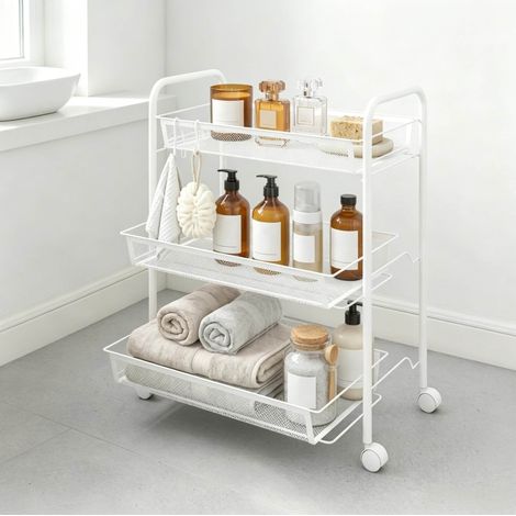 Carrito de almacenaje de 3 niveles 45x26,5x63 cm de acero blanco con ruedas para cocina - CHICFURN (1/5)