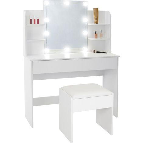ECD Germany Schminktisch mit gepolstertem Hocker, Kosmetiktisch mit Spiegel, LED-Beleuchtung, 1 Schublade und 4 Fächern, 108x40x140 cm Weiß MDF Holz, modern, Frisiertisch Schminkkommode Frisierkommode (1/5)