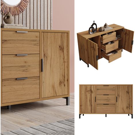 (=834647AAD) Commode à 2 portes et 3 tiroirs, 120 x 40 x 76 cm, en chêne foncé, étagère réglable, buffet/haut de commode pour chambre et pièces à vivre (1/5)