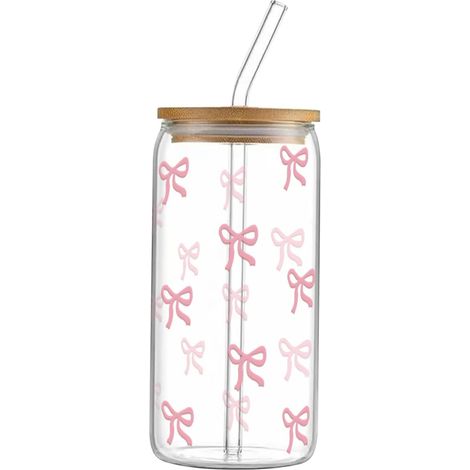 Verre à Café Glacé Avec Nud Rose - Gobelet En Verre 500ml Avec Couvercle Et Paille - Pour Cocktails Et Jus - Lot De 1 (1/5)