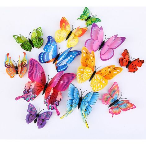 Realistic 3D-Schmetterlings-Wandtattoos mit dos Lagen – Kreative, farbenfrohe Schmetterlingdessuskleber aus PVC für die Wohnzimmerdekoration - Crezuo