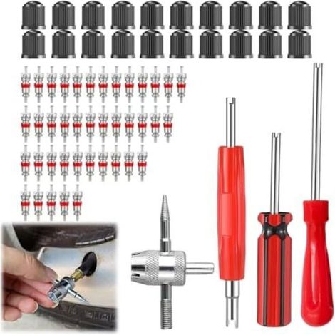 64-piece tire valve removal kit with 40 Schrader valve cores, 20 valve caps and 4 removal tools, suitable for cars, motorcycles, bicycles, trucks, SUVs, durable - (1/5)