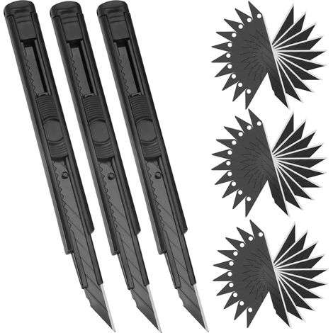 3 Pièces Cutter 9mm avec 30 Pcs Lame Cutter en Acier Inoxydable 30° à Rupture Rapide, Cutters Rétractable, Art Cutters Polyvalent pour le Papier, le Carton, le Tissé, le Plastique (1/5)