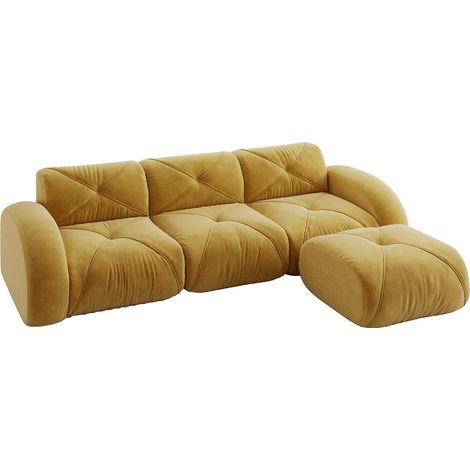 Canapé modulaire en chenille jaune, 3 places, sans montage, avec repose-pieds, pour salon (1/5)