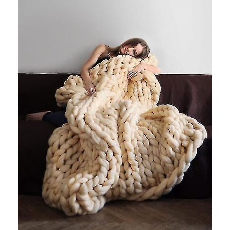 Grande couverture épaisse en grosse maille, jeté de canapé en laine - 100 x 100 cm - Blanc laiteux (1/3)