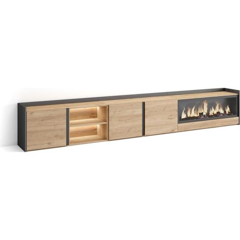 Skraut Home - Mueble TV, Televisión, Muebles de salón, almacenaje, 315x35x50cm, Para TV hasta 80", Chimenea eléctrica XXL, LED, Estilo Moderno, Roble y negro (1/5)