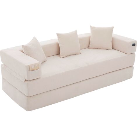 Canapé modulaire en chenille beige 2 places, convertible en lit ou lounge, poches latérales et dessous antidérapant, 198 x 79 x 60 cm (1/5)