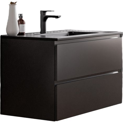 Unterschrank Bernstein AVA 80 cm mit Keramik Waschbecken - Badmöbelfarbe Schwarz matt, Waschbecken Schwarz matt