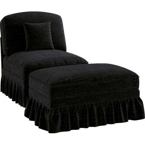 Fauteuil lounge en chenille noire avec housse à volants amovible, pieds fuselés et repose-pieds mobile (1/5)