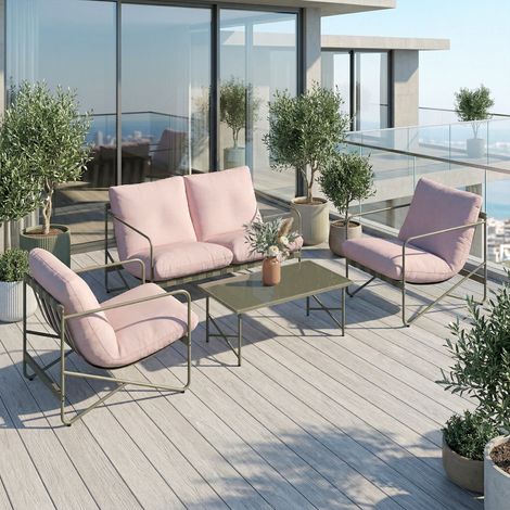 Conjunto de Jardín Exterior de 4 Piezas con Sofá de 2 Plazas 2 Sillones Mesa de Vidrio Templado Cojines Gruesos Rosa (1/5)