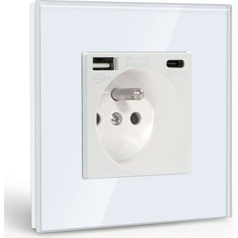 Wall Socket with USB and 1 Type-C, White AC with Crystal Panel, Wall Power Strip with USB (Max 2.1A), Suitable for Smartphones, Tablets
