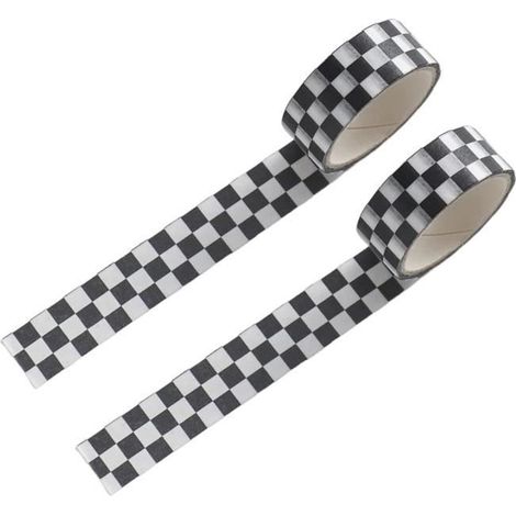 2 rubans adhésifs colorés - Motif damier léger - Ruban en papier - Pour bricolage - Noir et blanc (1/4)