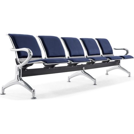 Panca per Sala Attesa 5 Posti da Ufficio con Cuscino in Acciaio e Similpelle Argento/Blu Navy (1/4)