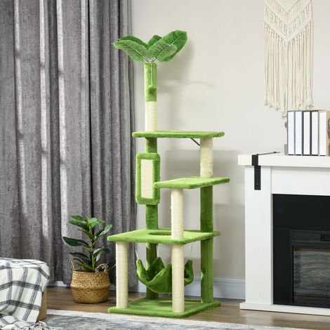 Tiragraffi per gatti di grandi dimensioni (142 cm) con pali in sisal, amaca, foglie e pallina giocattolo, 49x49x142 cm, verde. (1/5)