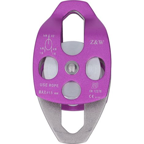 Poulie d'escalade double bras oscillant en aluminium haute résistance et anti-usure pour usage extérieur, violette (1/5)