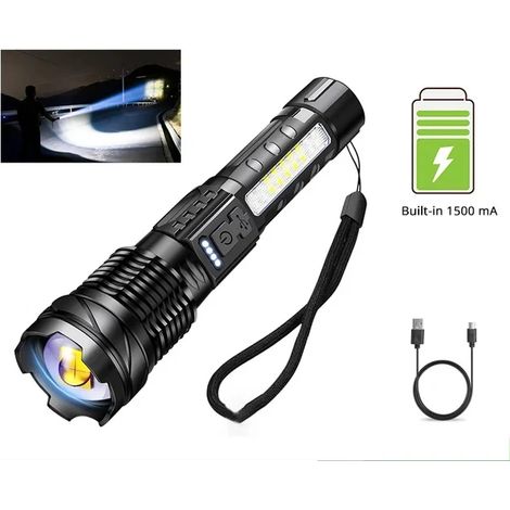 Lampe torche étanche, alimentée par des piles 18650, avec éclairage latéral, 7 modes et zoom. (1/5)