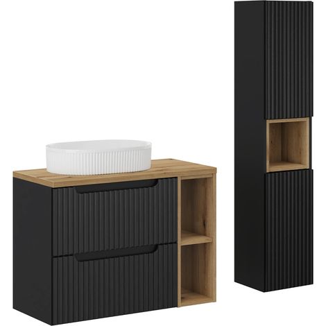 Waschtisch und Hängesäule 80.4cm Riva mit 2 Schubladen, Schwarz und Holzoptik