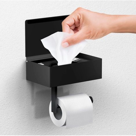 Porte-Papier Toilette avec Tablette - Distributeur et Rangement de lingettes humides pour Toutes Les salles de Bain - Organisateur Mural en Acier Inoxydable - Noir Mat, Grand (1/5)