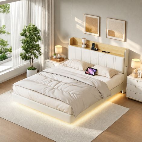 Lit led 140x190 avec sommier flottant, Cadre de lit avec USB ports et tete de lit rembourrée, Lit double pour Adultes et Ados, Blanc PU (1/5)