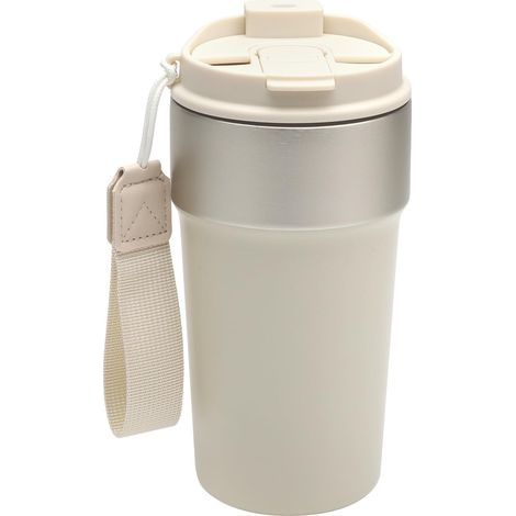 Mug Isotherme Cafe 500ml, Gobelet Isotherme avec Paille et Sortie, Acier Inoxydable Tasse Isotherme pour Cafe, Double Paroi Mug Thermos Réutilisable, Beige (1/5)