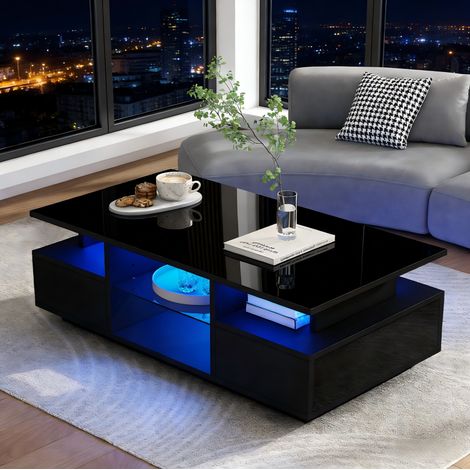 tavolo soggiorno 100x50x36 con cassetti LED nero lucido OKMYHOME (1/5)