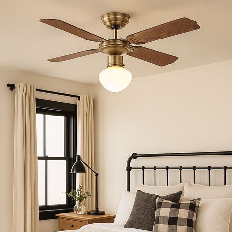 LED Deckenventilator mit Zugschalter Ventilatorlampe Decke 3 Stufen Ventilator Deckenleuchte, Vor-Rücklauf, Eiche Geflecht Glas Altmessing, 1x LED 3,7W 320Lm, D 106,6 cm