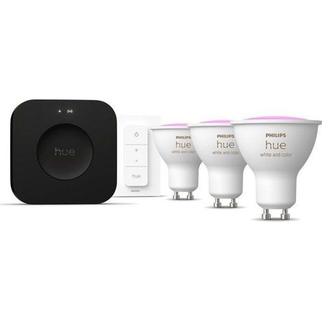 Kit di avvio - PHILIPS HUE - Luce bianca e ambiente colorato - 1 Bridge Pro + 3 spot GU10 400 lumen + 1 interruttore dimmer
