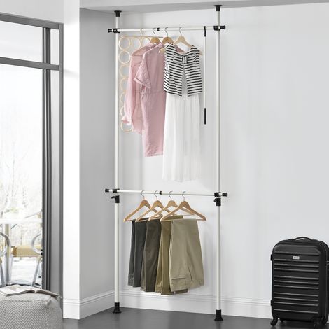 Perchero burro ropa telescópico Kemi 105-278 x 75 - 115 cm Ajustable  2 x ganchos máx. 20 kg Acero Plástico - Blanco [en.casa]