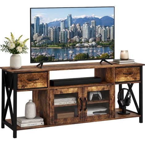 Relaxdays TV Lowboard, HxWxD: 60 x 140 x 40 cm, 2 drawers, 4 compartments, industrial, TV stand, TV bench, brown/black (1/5)