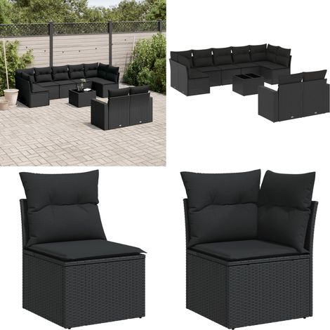 10-tlg. Garten-Sofagarnitur mit Kissen Schwarz Poly Rattan - Gartenmöbel Set - PE-Rattan Möbel - Outdoor Lounge - Esstisch Set - Balkonmöbel - Home & Living (1/5)