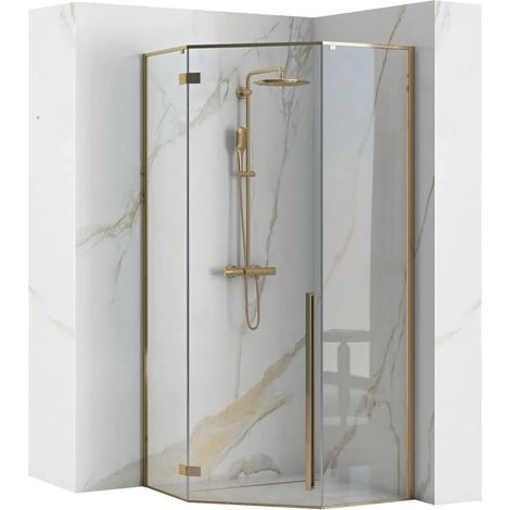 REA – Cabine de douche d'angle 100x100 – Verre trempé 6mm avec traitement Easy Clean – Aluminium finition or – Ouverture à entrouvrir (1/5)