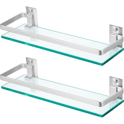 Lot de 2 étagères de salle de bain en verre trempé avec rampes, étagère de douche rectangulaire 28 x 11,4 cm, porte-shampoing mural flottant pour salle de bain, cuisine et salon (1/5)