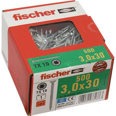 500 Vis VBA zingué blanc Power-Fast TX10 Ø3 x 30 mm - Filetage total - Fischer