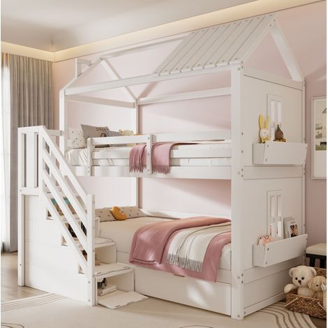 Lit superposé enfant 90x200 cm en bois et MDF blanc avec rangement, gain de place – MEUBLIV (1/5)