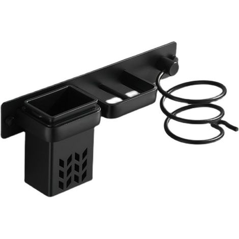 Support mural de salle de bain pour sèche-cheveux et accessoires, organisateur en aluminium avec étagère et trous. Argenté et noir. (1/5)