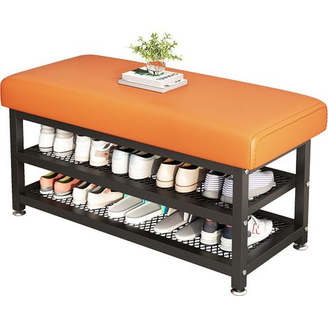 Schuhbank für den Eingangsbereich, Schuhregal mit stabilem Metallrahmen und PU-Lederkissen, Sitzbank für Schlafzimmer, Flur, Wohnzimmer, Flur - Orange (1/5)