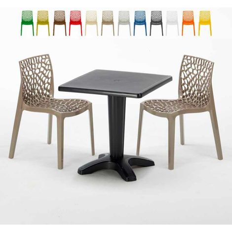 Table Carrée Noire 70x70cm Avec 2 Chaises Colorées Grand Soleil Set Bar Café Gruvyer Aia - Beige Juta
