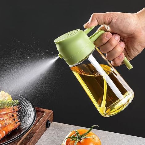 Spruzzatore per olio da cucina 2 in 1 – Bottiglia in vetro da 470 ml per olio d'oliva (con beccuccio versatore) – Dispenser e spruzzatore per olio alimentare (1/5)
