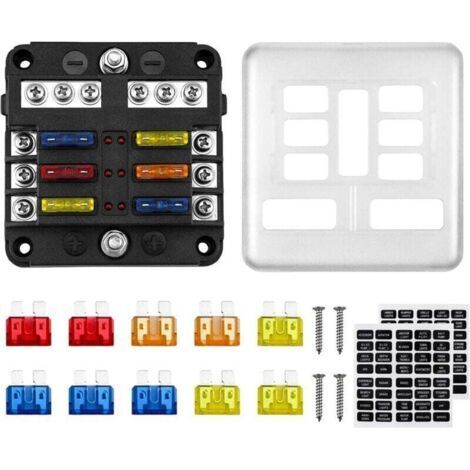 6 Way Fuse Box 12V ATO Fuse Holder 32V 100A with 10 Fuses 6 LED Indicators Protective Cover + 2 pcs Stickers for Car Boat Motorhome-- (1/5)