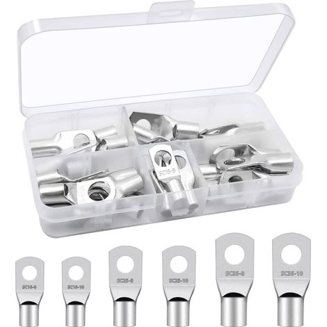 Lot de 30 cosses à sertir pour câbles électriques et batteries (16 mm², 25 mm², 35 mm²) - M8, M10, œillet rond en cuivre étamé, pour voitures, motos et batteries. (1/5)