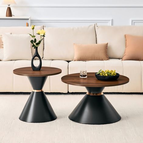 Set de 2 tables basses gigogne – Table d'appoint effet travertin pieds métal avec accents dorés pour salon et chambre (1/5)