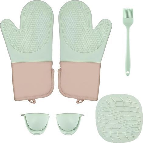 6 Ensemble Gants Four Silicone avec Tapis Pot, Brosse, Set Maniques Antidérapants, Gant Four BBQ Anti Chaleur, Gants Résistant Cuisson Cuisine pour Grillage, Pâtisserie, Barbecue (Vert Menthe) (1/5)
