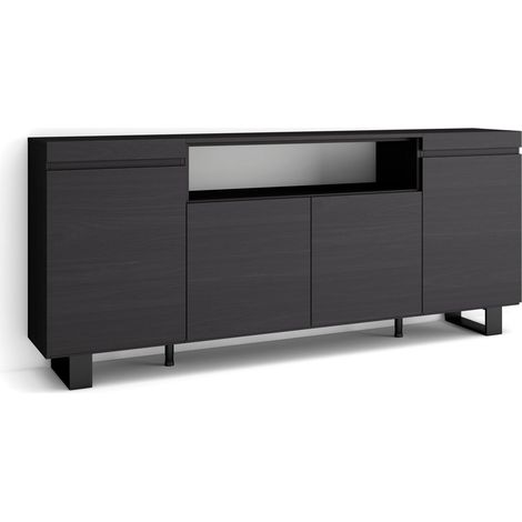 Skraut Home – Buffet noir 200x35x87cm – 4 portes – Meuble de rangement en bois avec pieds en métal – Design industriel moderne (1/5)