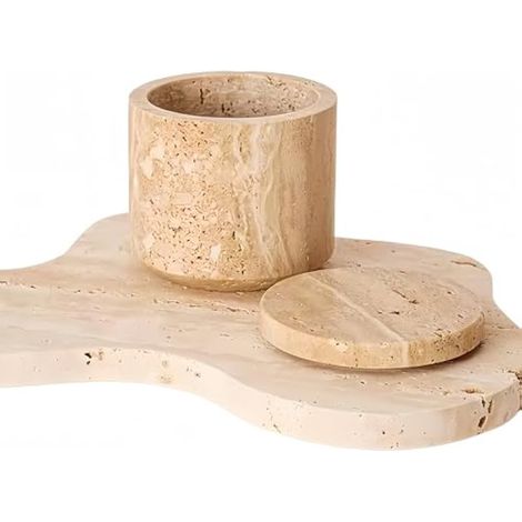 Pot de Rangement, 10 x 10 x 10 cm Bote à Cotons-Tiges en Travertin Beige Pot en Marbre avec Couvercle Contenant Moderne en Marbre pour Cotons-Tiges Cosmétiques Produits de Soin Bijoux et Parfums (1/5)